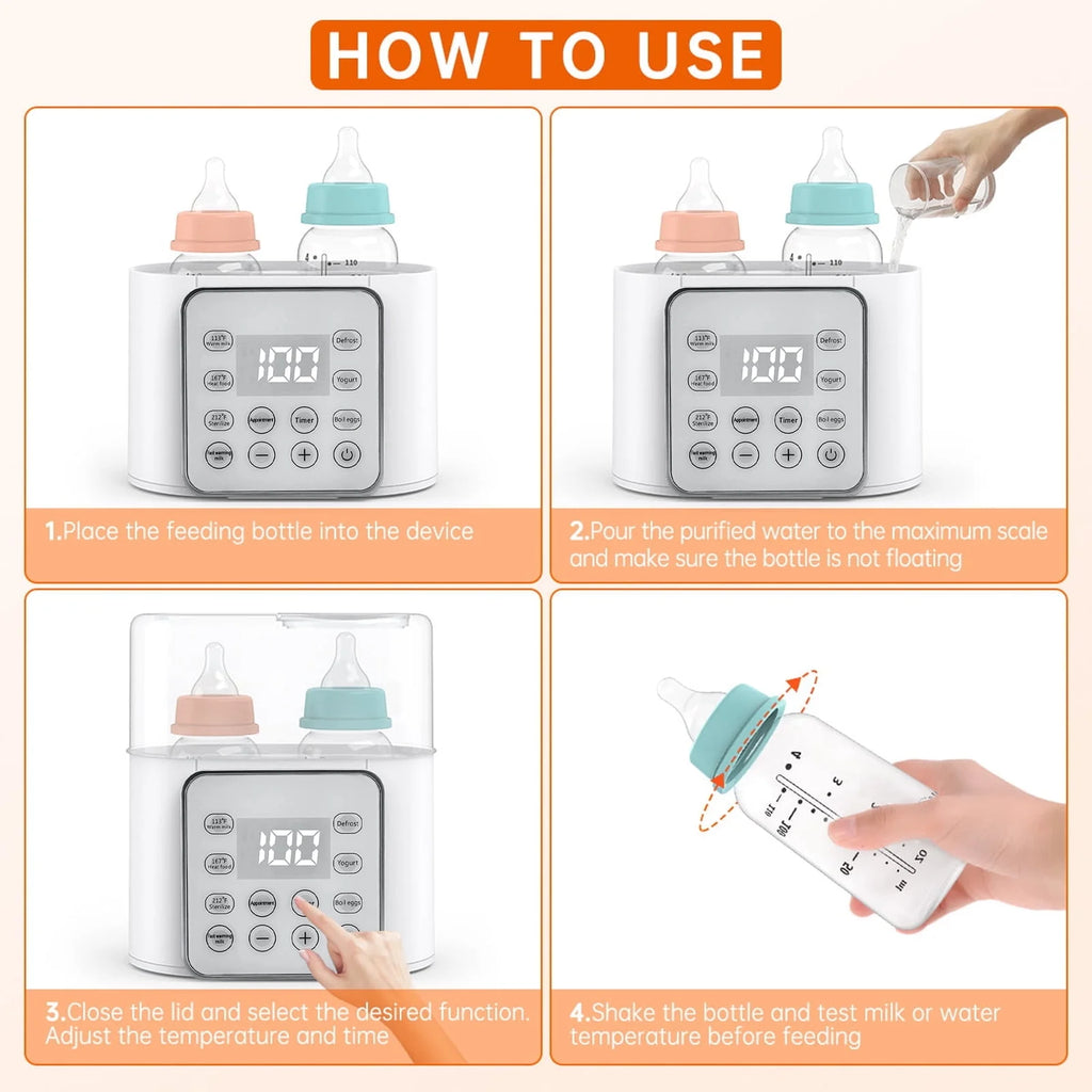 Baby Bottle Warmer, 9-In-1 Portable Bottle Warmer with LCD Display, Double Bottles Fast Milk Warmer, White
