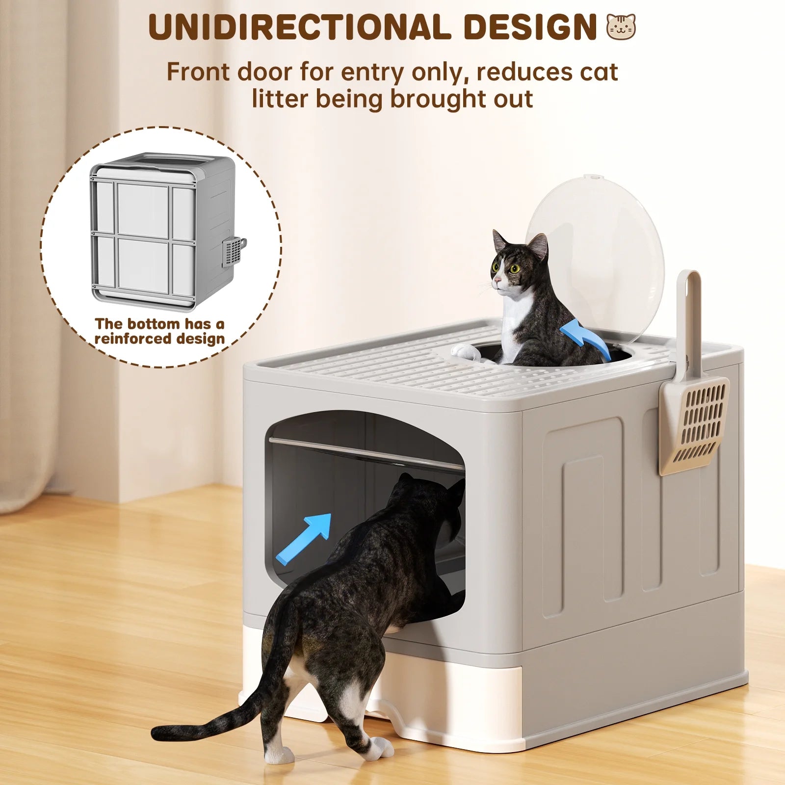 Large Foldable Cat Litter Box with Scoop, Front Entry Top Exit Cat Litter Pan with Lid, Enclosed Anti-Splashing Kitty Litter Box, Drawer Type Cat Litter Easy Cleaning and Scoop, Blue
