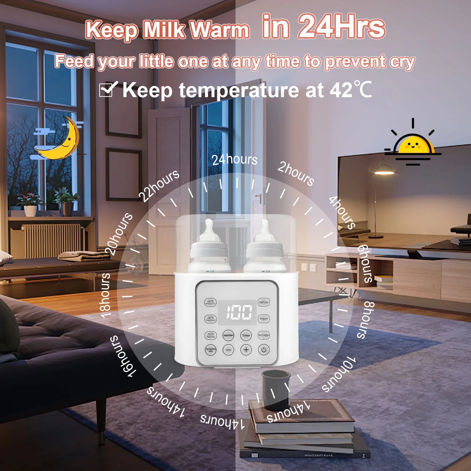 Baby Bottle Warmer, 9-In-1 Portable Bottle Warmer with LCD Display, Double Bottles Fast Milk Warmer, White