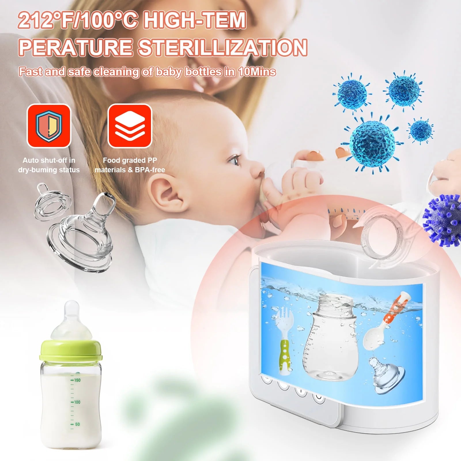 Baby Bottle Warmer, 9-In-1 Portable Bottle Warmer with LCD Display, Double Bottles Fast Milk Warmer, White