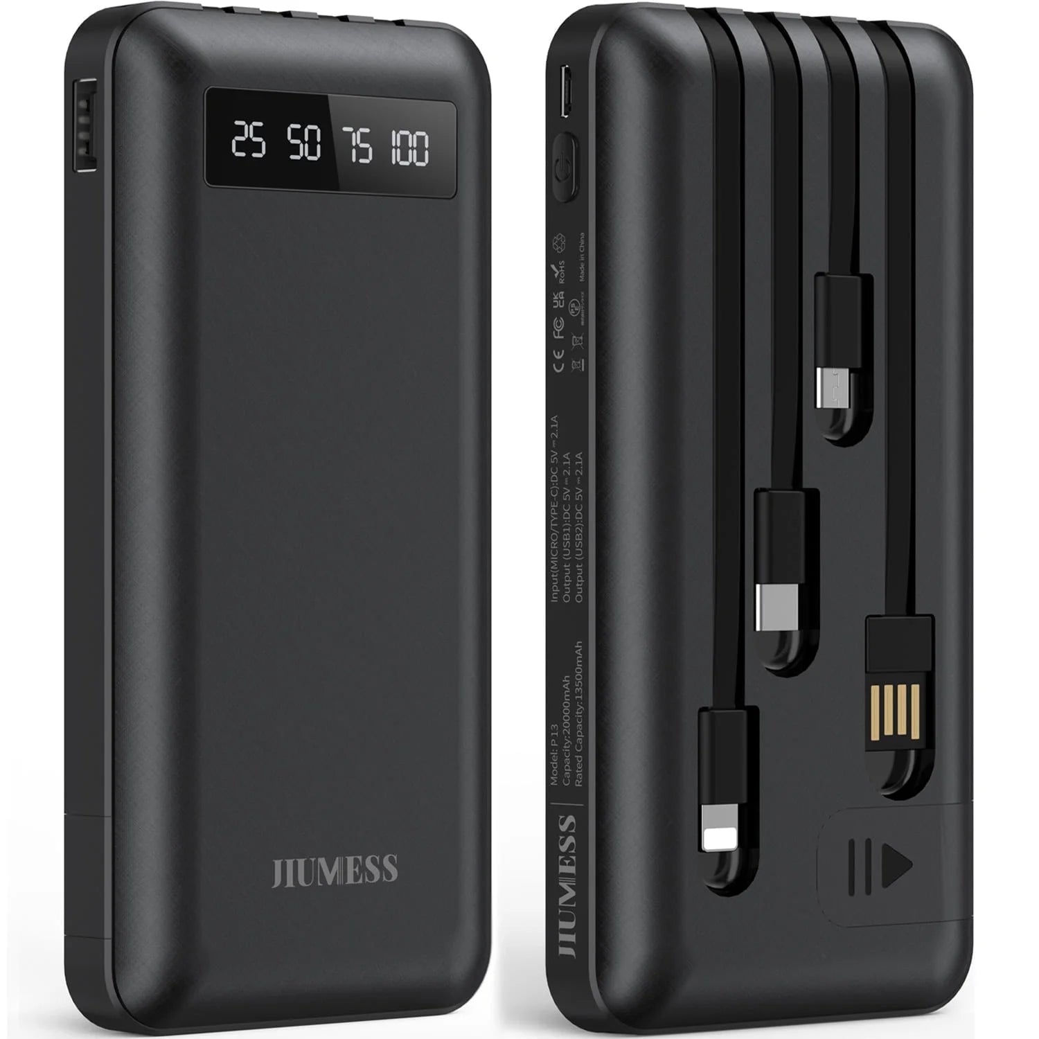 20000Mah Power Bank Portable Charger with Cables, USB Battery Pack for Iphone & Android Cell Phone