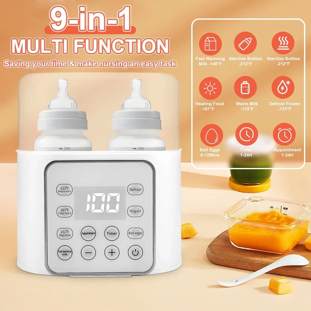 Baby Bottle Warmer, 9-In-1 Portable Bottle Warmer with LCD Display, Double Bottles Fast Milk Warmer, White