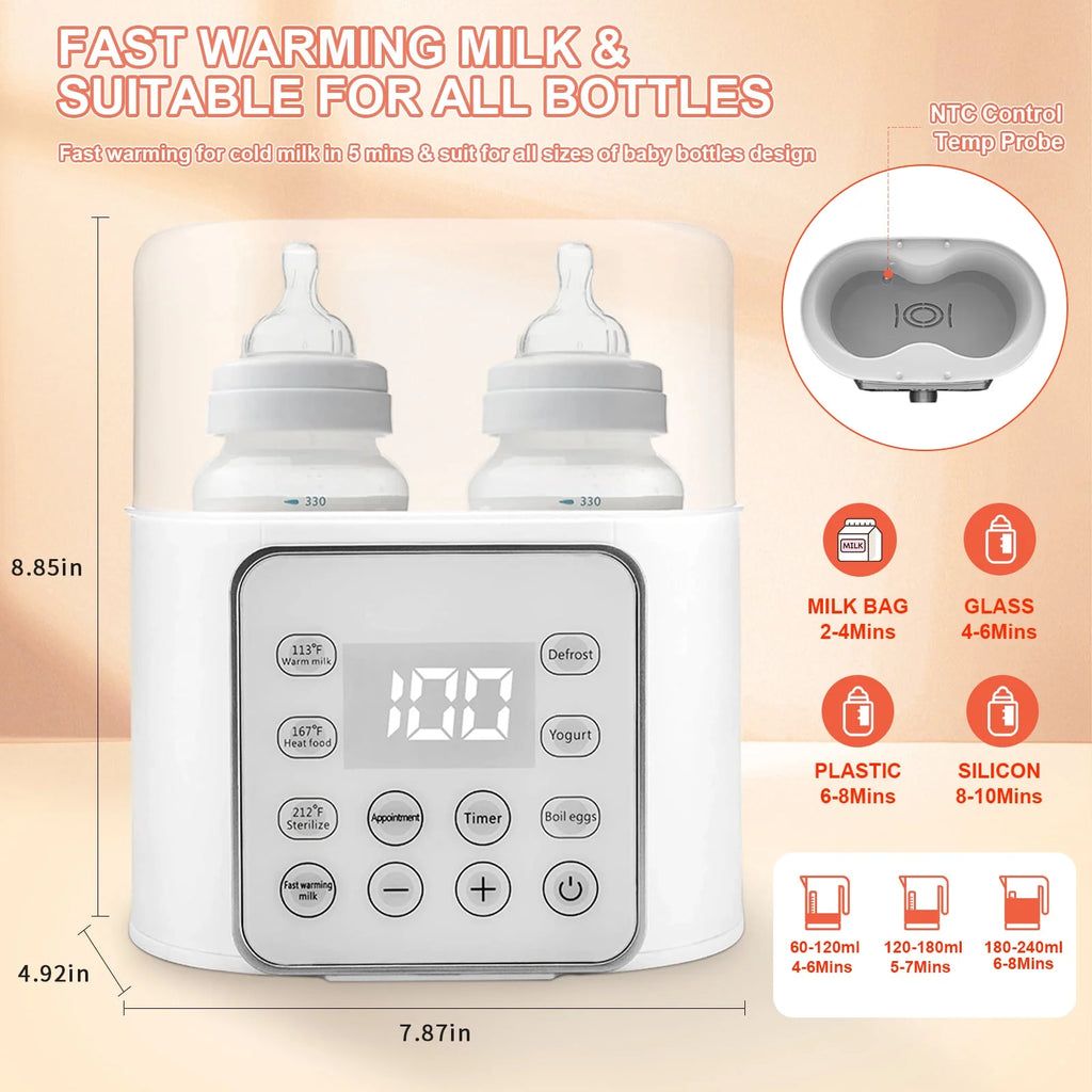 Baby Bottle Warmer, 9-In-1 Portable Bottle Warmer with LCD Display, Double Bottles Fast Milk Warmer, White